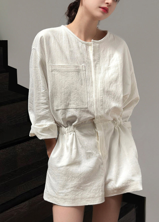 Summer Jumpsuit Loose Beige Linen Waist Pockets Tie