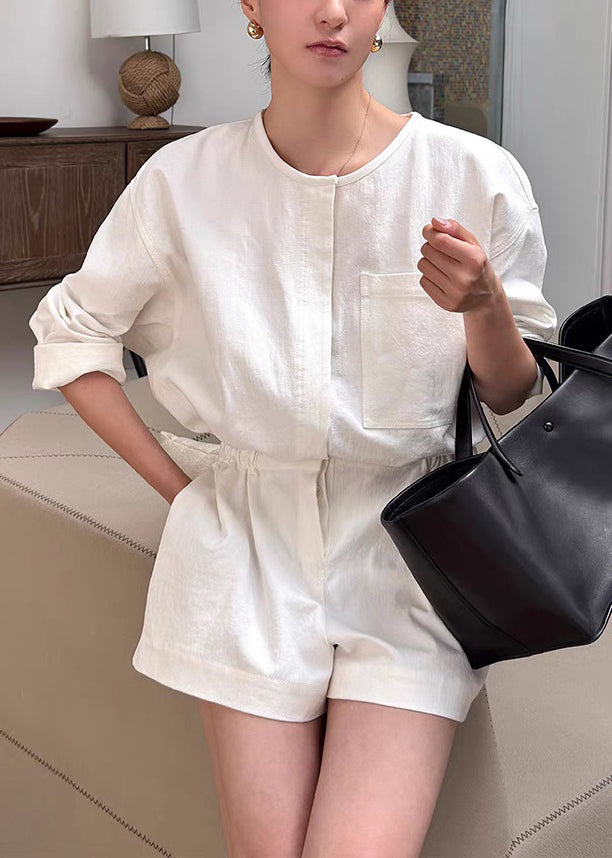 Summer Jumpsuit Loose Beige Linen Waist Pockets Tie