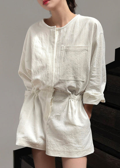 Summer Jumpsuit Loose Beige Linen Waist Pockets Tie