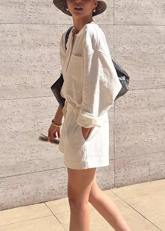 Summer Jumpsuit Loose Beige Linen Waist Pockets Tie