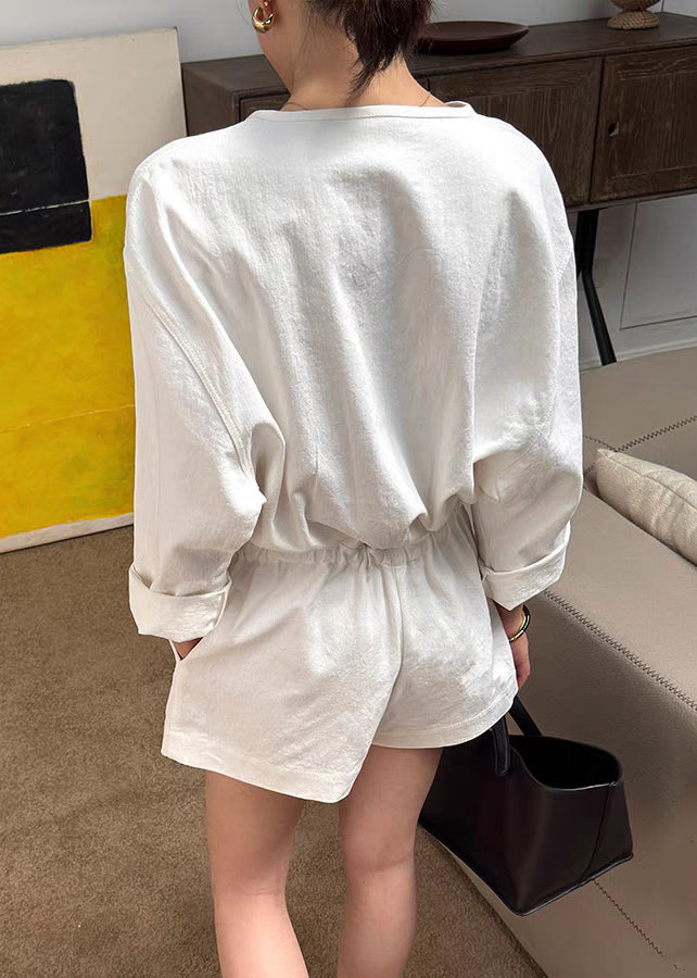 Summer Jumpsuit Loose Beige Linen Waist Pockets Tie