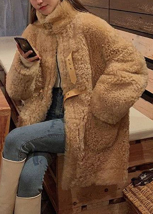 Loose Beige Stand Collar Pockets Teddy Faux Fur Coat Spring YW037