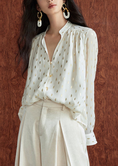 Collar Print Beige Chiffon Loose Fall Stand Shirts
