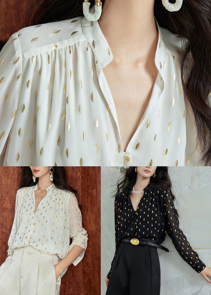 Collar Print Beige Chiffon Loose Fall Stand Shirts