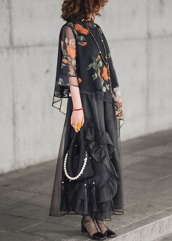 Pieces Ruffled Tulle Set Half Black Print Asymmetrical Loose Two