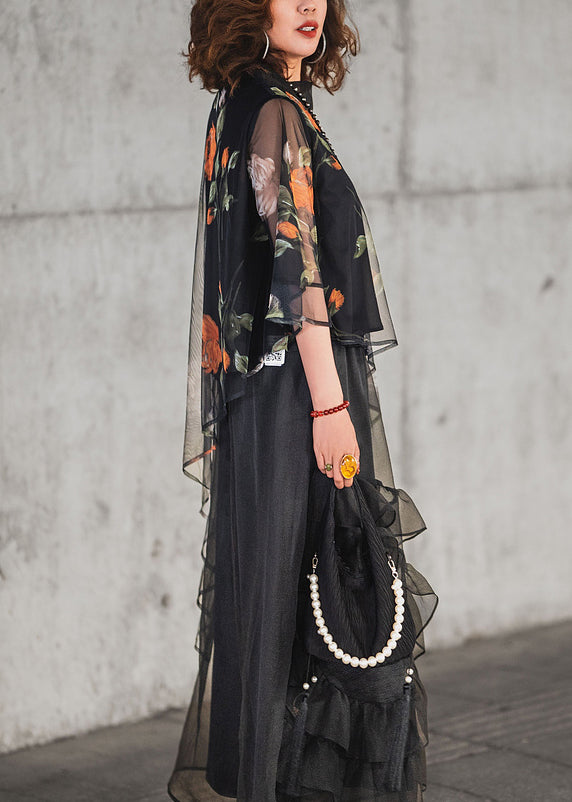 Pieces Ruffled Tulle Set Half Black Print Asymmetrical Loose Two