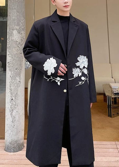 Loose Black Embroideried Button Spandex Men Long Trench Coat Fall RO029