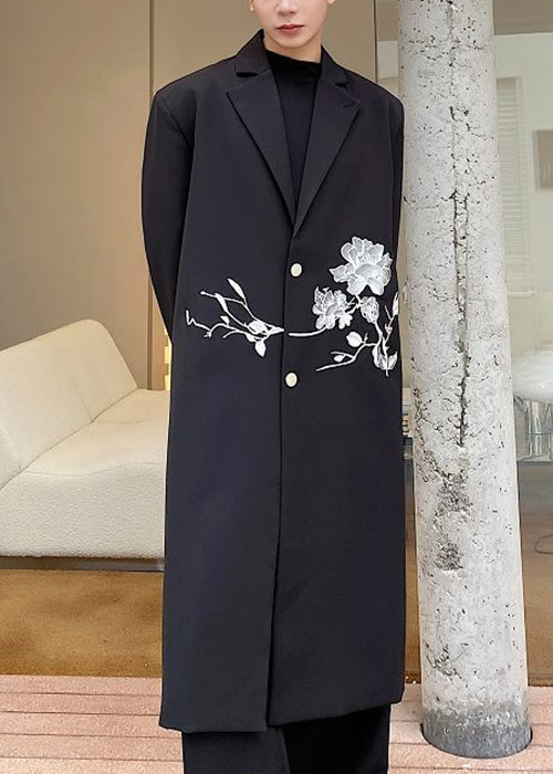 Loose Black Embroideried Button Spandex Men Long Trench Coat Fall RO029