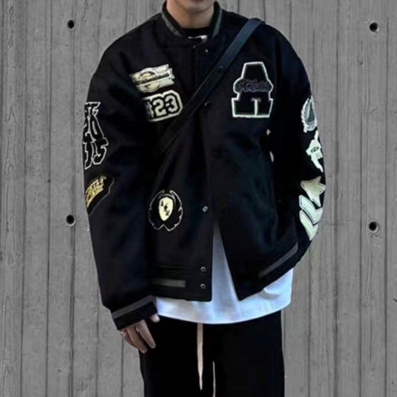 Mens Embroideried Spring Loose Cotton Patchwork Coats TC008 Black