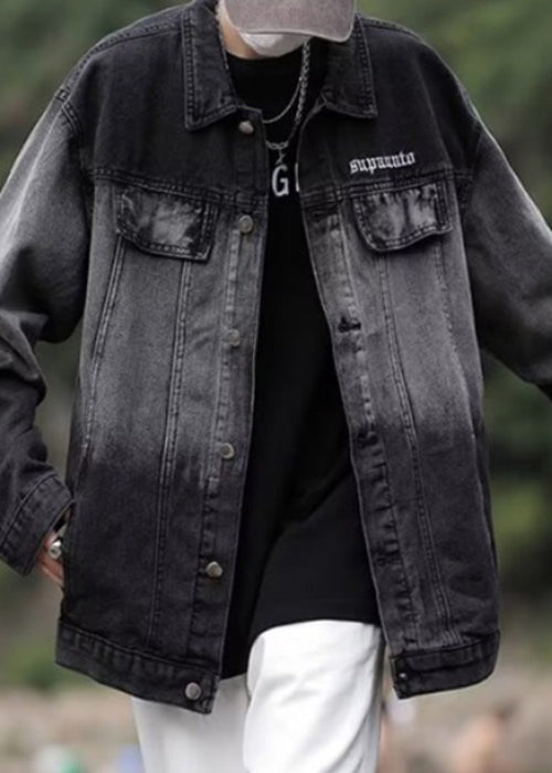 TC044 Color Coats Denim Gradient Spring Mens Loose Pockets Black