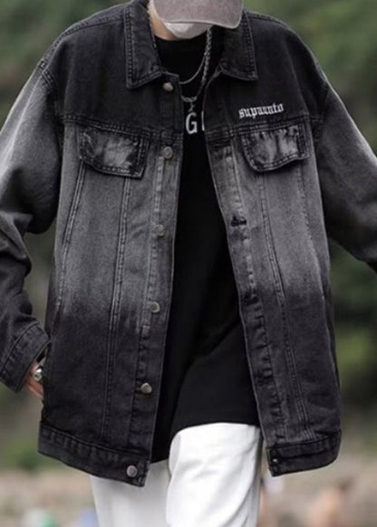 TC044 Color Coats Denim Gradient Spring Mens Loose Pockets Black