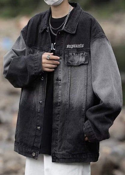 TC044 Color Coats Denim Gradient Spring Mens Loose Pockets Black