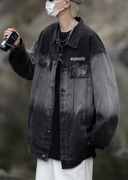 TC044 Color Coats Denim Gradient Spring Mens Loose Pockets Black
