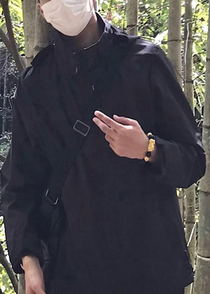 Solid Pockets Cotton Black Loose Hooded Men Spring Coat