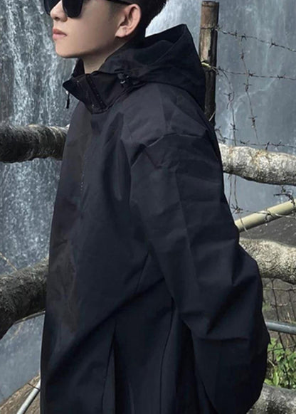 Solid Pockets Cotton Black Loose Hooded Men Spring Coat