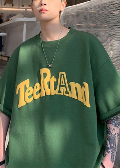 Loose O T Black Cotton Neck Solid Shirt Letter Men Half Sleeve