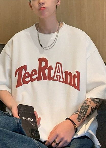 Loose O T Black Cotton Neck Solid Shirt Letter Men Half Sleeve