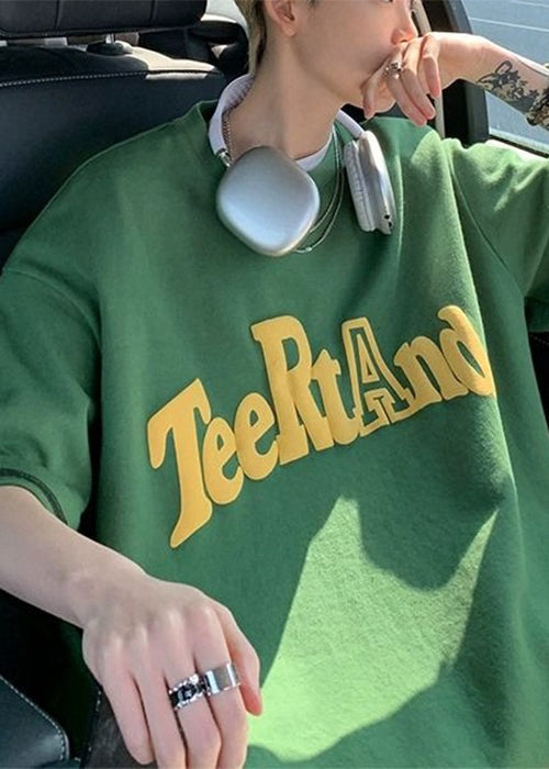 Loose O T Black Cotton Neck Solid Shirt Letter Men Half Sleeve