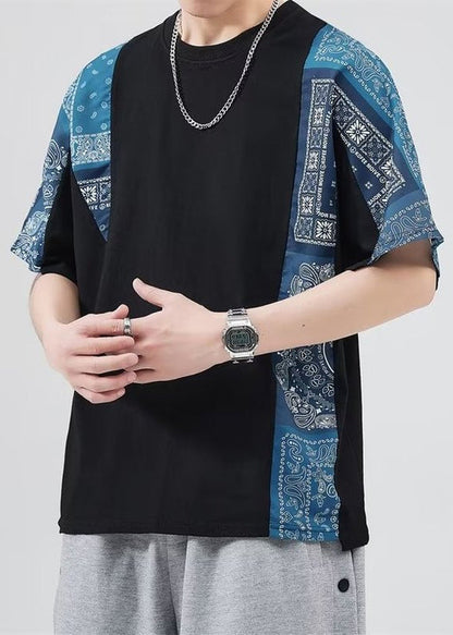 Black Shirt Mens Loose O Neck Summer Patchwork T Cotton