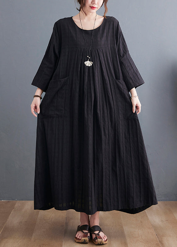 Loose Black O-Neck Patchwork Pockets Maxi Dress Bracelet Sleeve GH1053