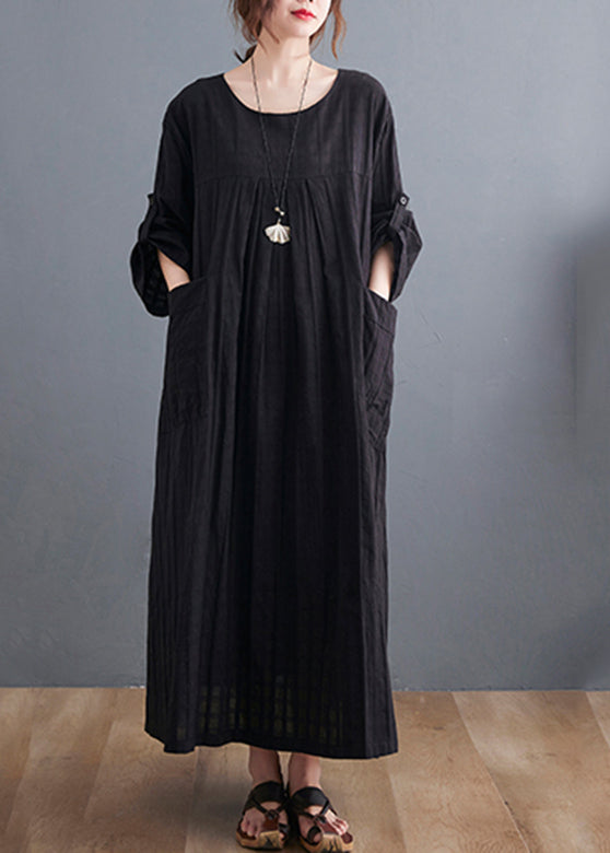 Loose Black O-Neck Patchwork Pockets Maxi Dress Bracelet Sleeve GH1053