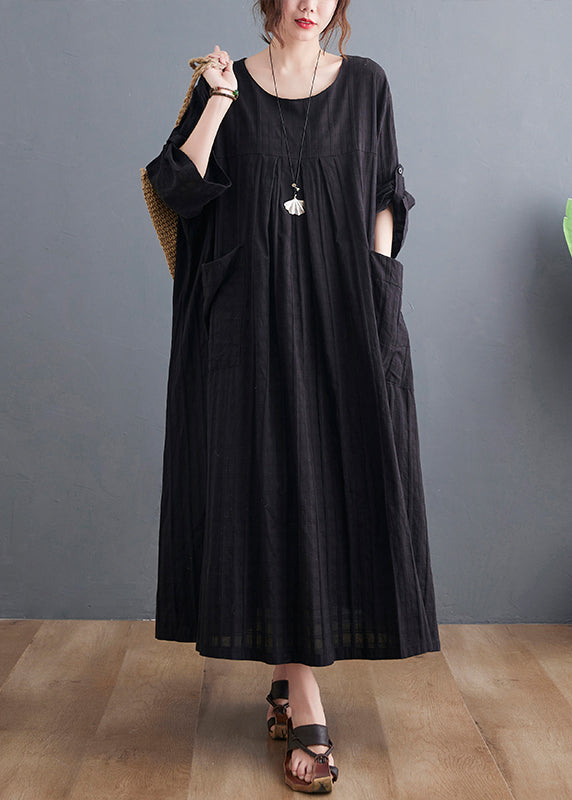 Loose Black O-Neck Patchwork Pockets Maxi Dress Bracelet Sleeve GH1053
