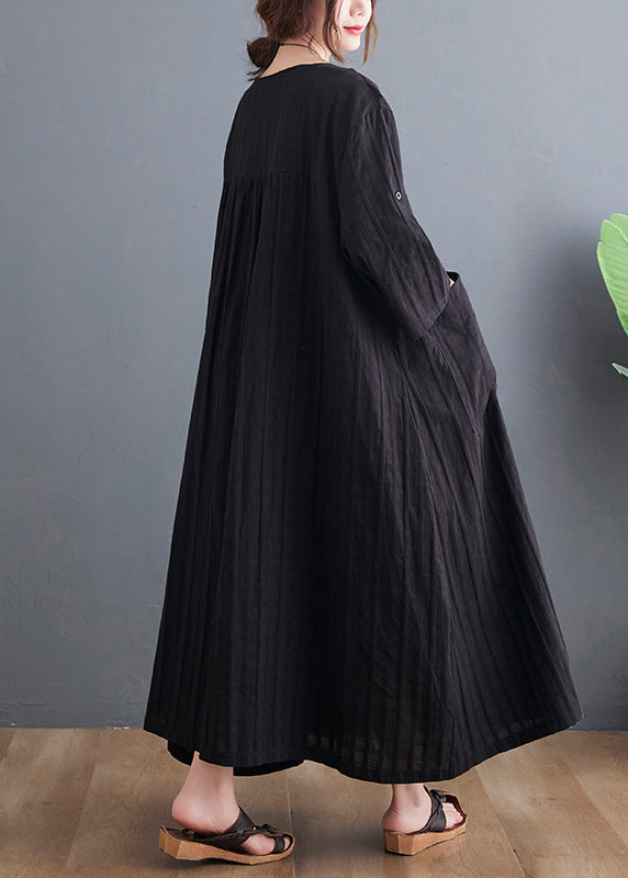 Loose Black O-Neck Patchwork Pockets Maxi Dress Bracelet Sleeve GH1053