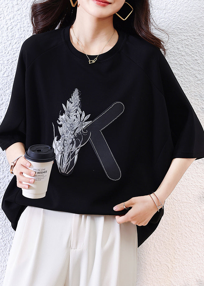 Loose Shirt O-Neck Half Black Print T Sleeve Cotton