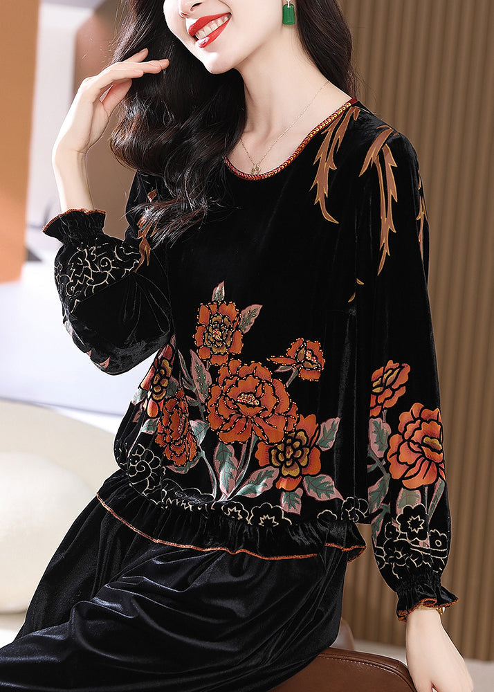 Loose Black O Neck Print Silk Velour Tops Butterfly Sleeve RZ036