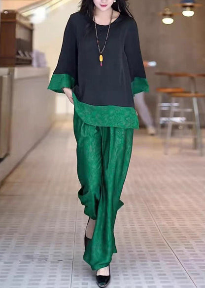 Tops Pieces Green Silk Black Two O Neck And Loose Patchwork Pants