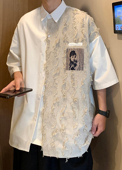 Design Half Loose Patchwork Cotton Black Shirts Original Men