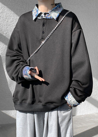 Pan Mens Cotton Collar Black Patchwork Sweatshirts Peter Loose