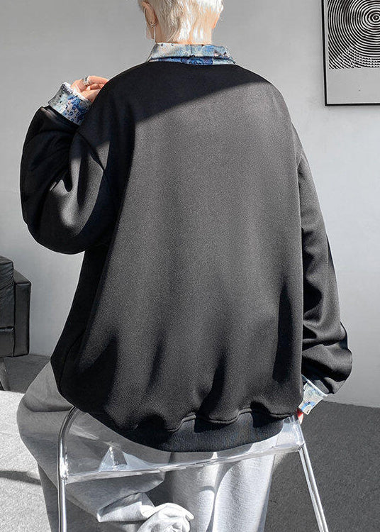 Pan Mens Cotton Collar Black Patchwork Sweatshirts Peter Loose