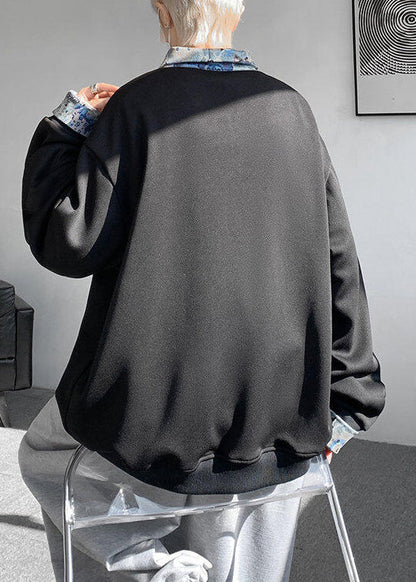 Pan Mens Cotton Collar Black Patchwork Sweatshirts Peter Loose