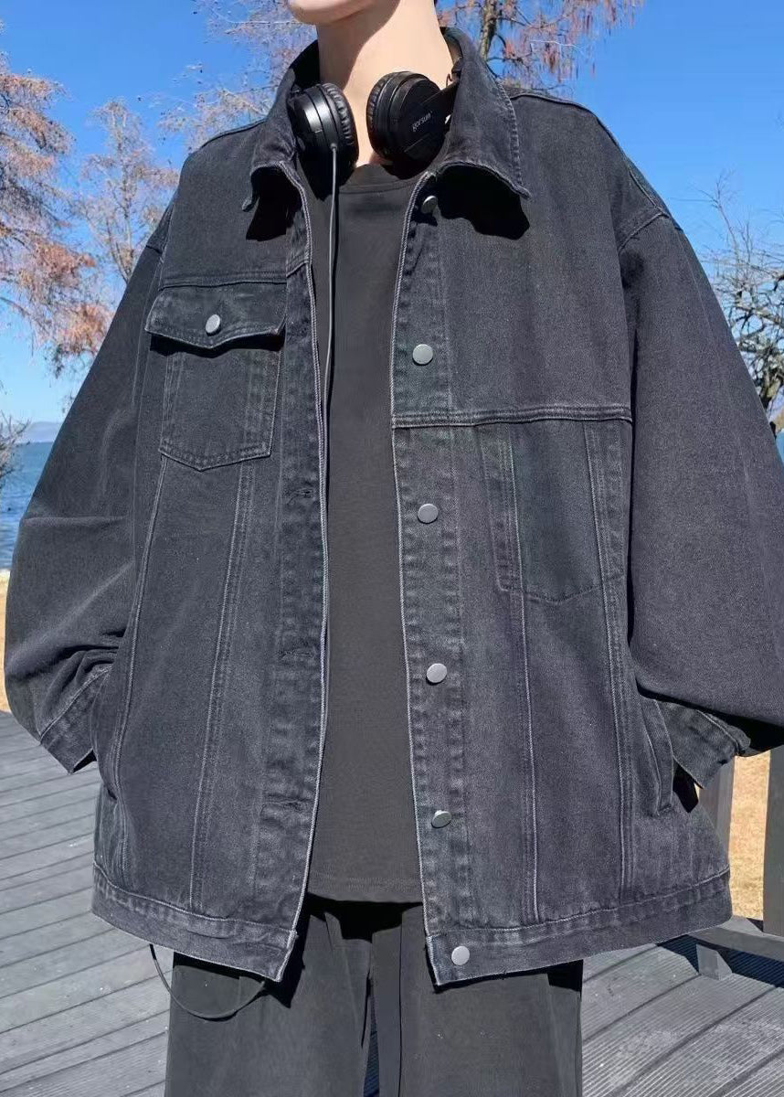 Loose Coats Peter Denim Collar Fall Pockets Mens Black Pan