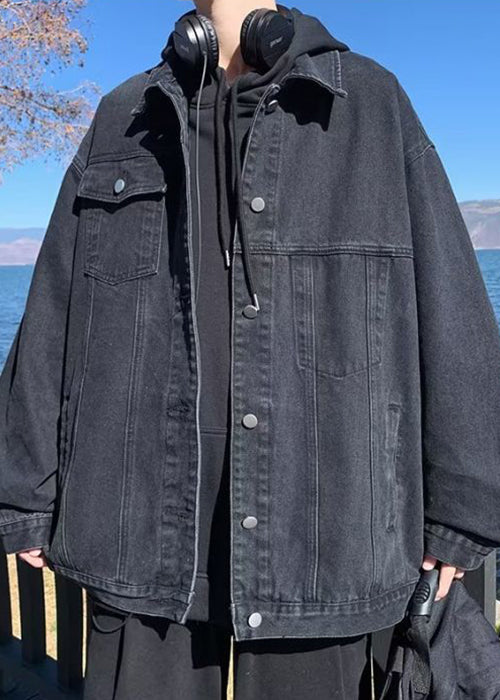 Loose Coats Peter Denim Collar Fall Pockets Mens Black Pan