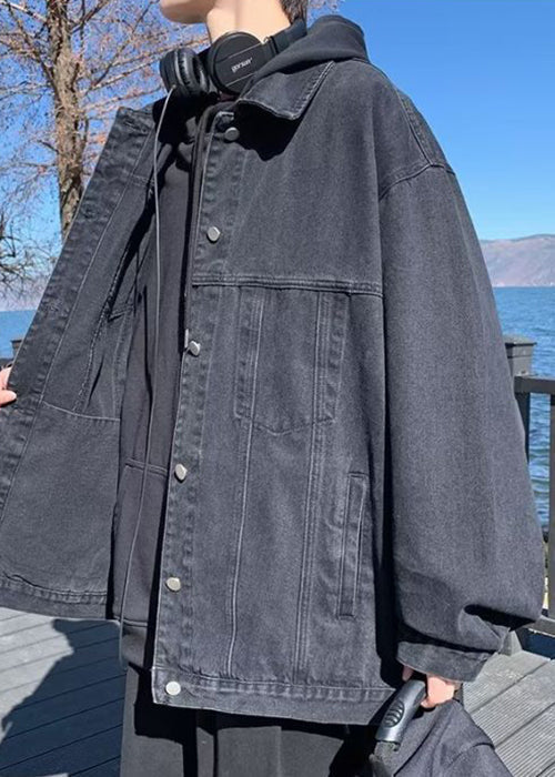 Loose Coats Peter Denim Collar Fall Pockets Mens Black Pan