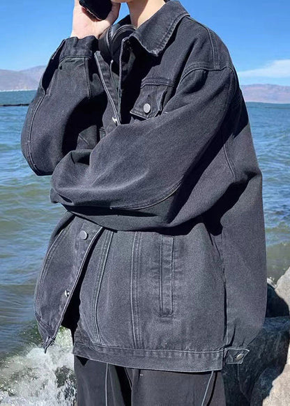 Loose Coats Peter Denim Collar Fall Pockets Mens Black Pan