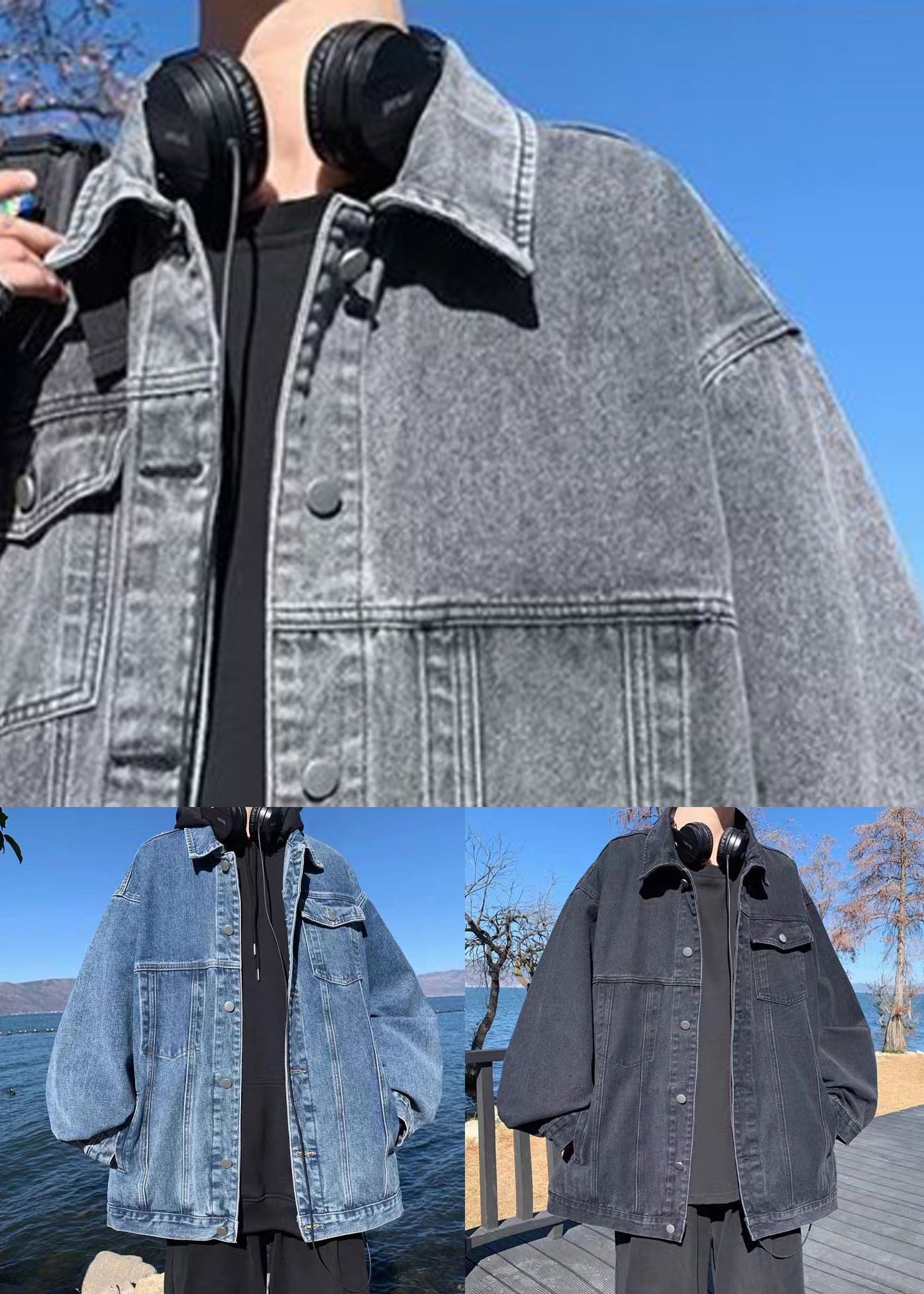 Loose Coats Peter Denim Collar Fall Pockets Mens Black Pan