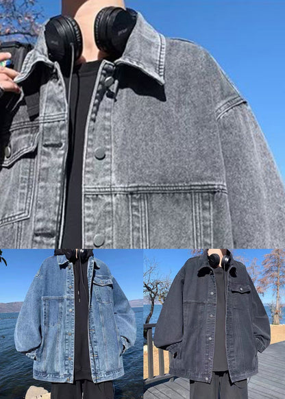 Loose Coats Peter Denim Collar Fall Pockets Mens Black Pan