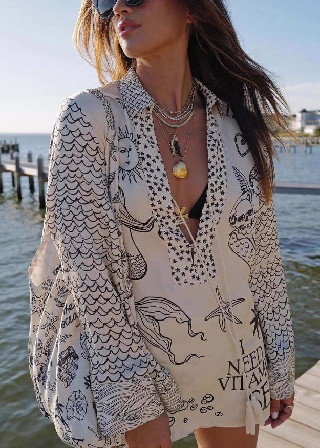 Pieces Shirts Silk Loose And Shorts Black Two Lace Set Print Up