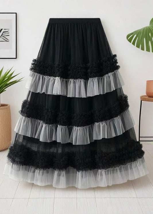 Waist Black Ruffled Skirts Tulle Elastic Summer Loose