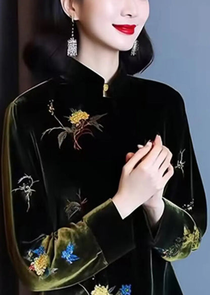 Loose Black Stand Collar Embroidered Patchwork Silk Velour Top Long Sleeve Ada Fashion