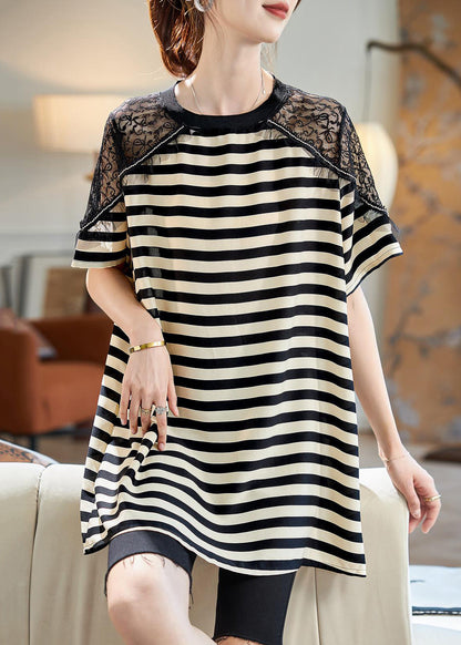 Lace Shirts Patchwork Loose Black Summer T Striped Cotton