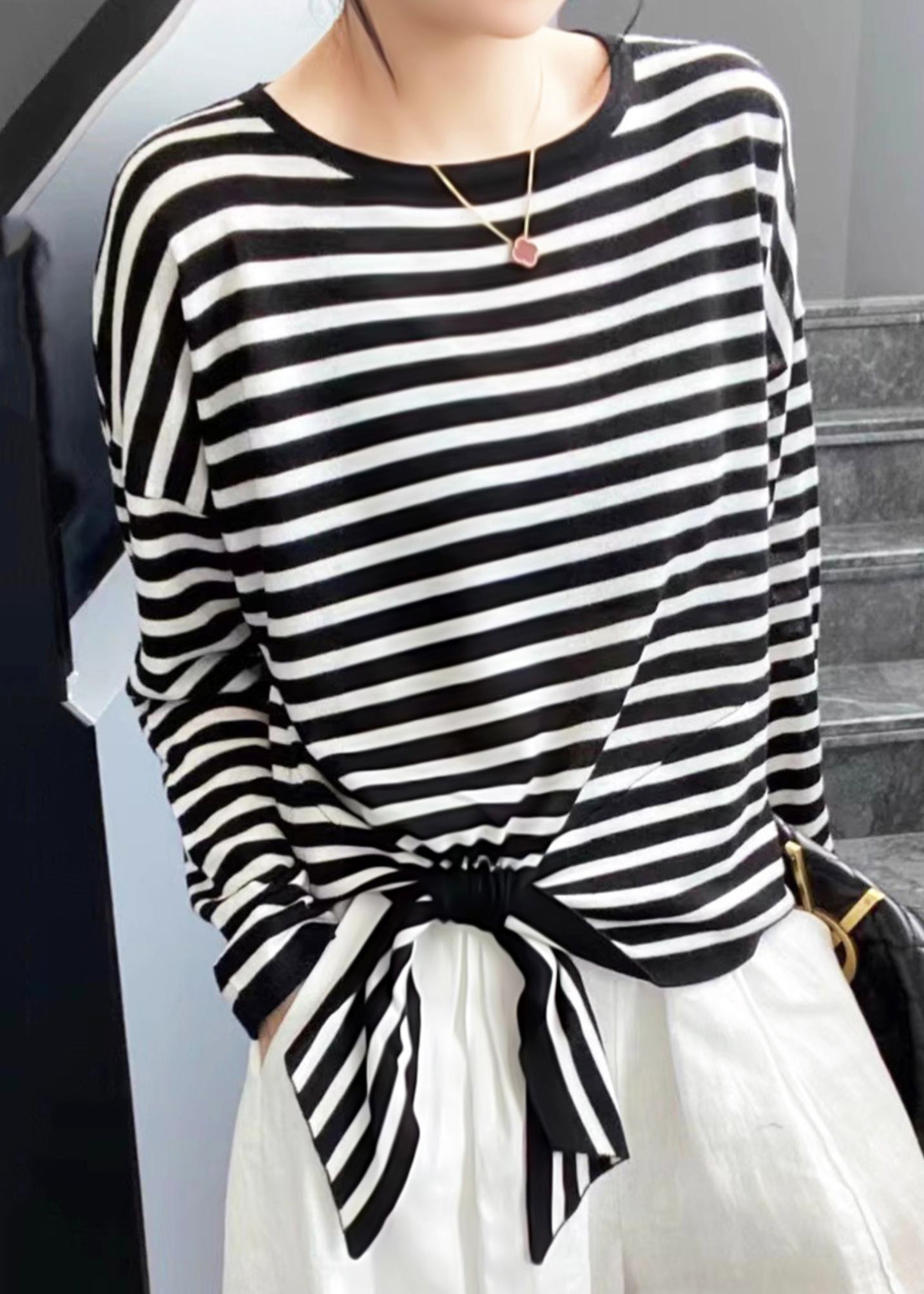 Lace Loose Black Striped T Shirt Spring Up Neck O Cotton