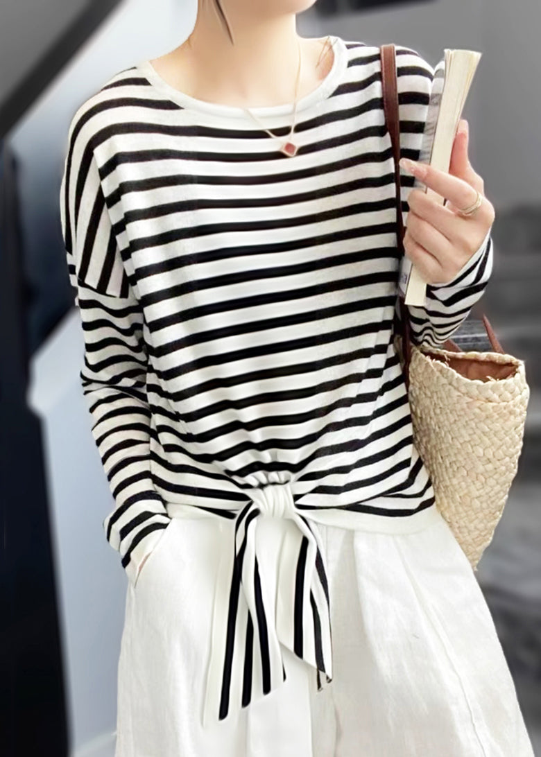 Lace Loose Black Striped T Shirt Spring Up Neck O Cotton
