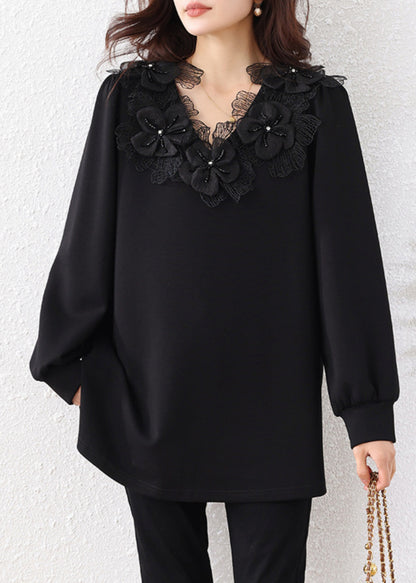 Black V Bead Sweatshirts Cotton Nail Floral Loose Neck Fall