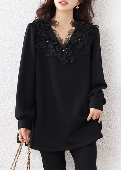 Black V Bead Sweatshirts Cotton Nail Floral Loose Neck Fall
