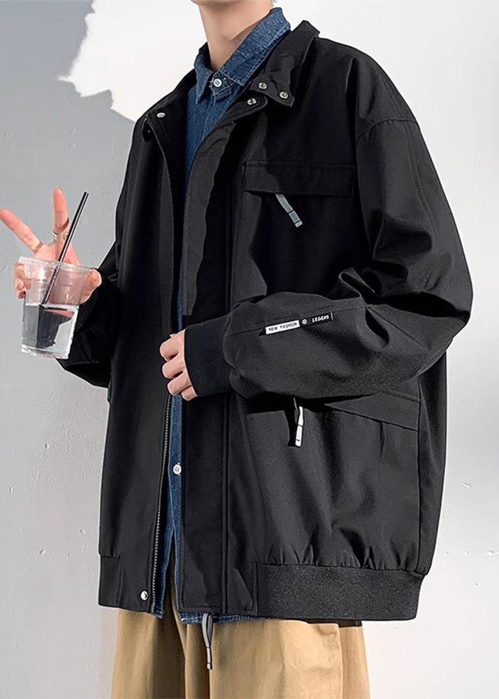 Coats Solid Zippered Mens Cotton Spring Black Pockets Loose