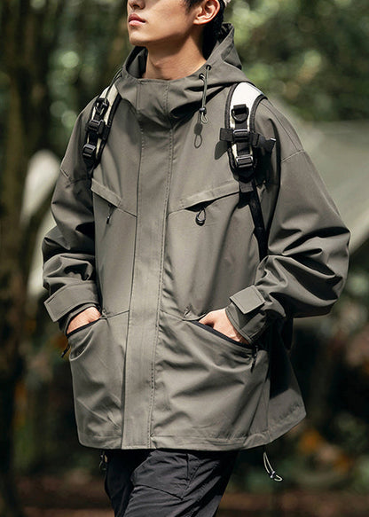 Coats Loose Pockets Zippered Hooded Mens Cotton Green Blackish